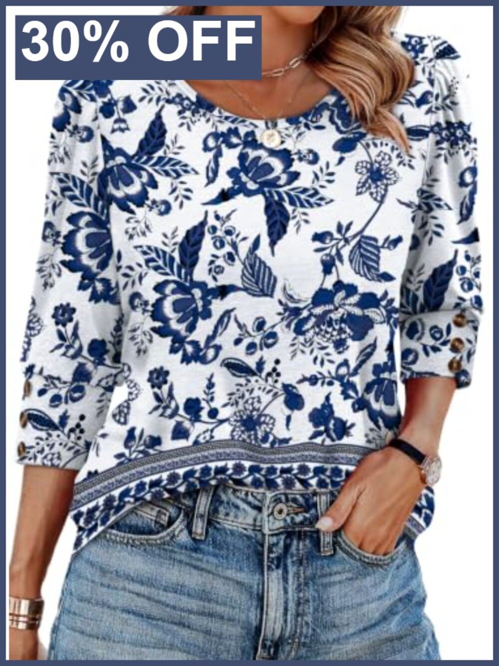 Women's 3/4 Sleeve Button Accent Blouse Casual Work Top